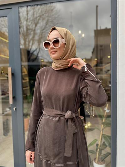 Dikiş Detaylı Kadın Cupro Basic Elbise Kahve