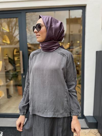 Dikiş Detaylı Kadın Cupro Tunik Gri