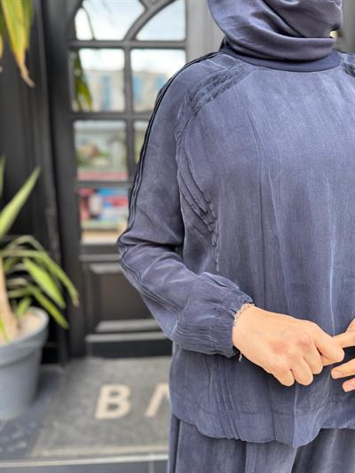 Dikiş Detaylı Kadın Cupro Tunik Lacivert