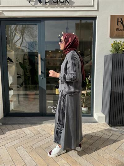 Dikiş Detaylı Kadın Etek Takım Gri