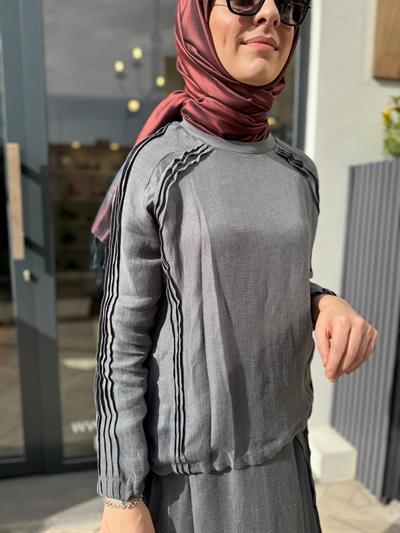 Dikiş Detaylı Kadın Etek Takım Gri