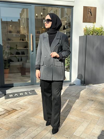 Düğme Detay Blazer Kadın Ceket Gri