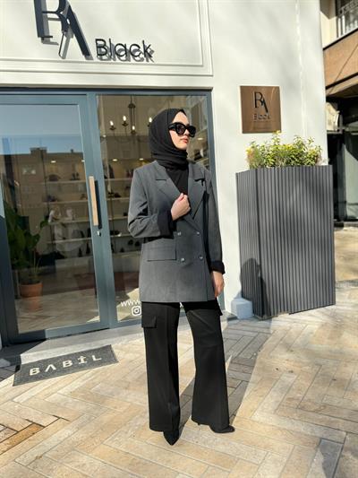 Düğme Detay Blazer Kadın Ceket Gri