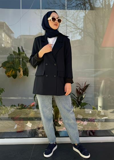 Düğme Detay Blazer Kadın Ceket Lacivert