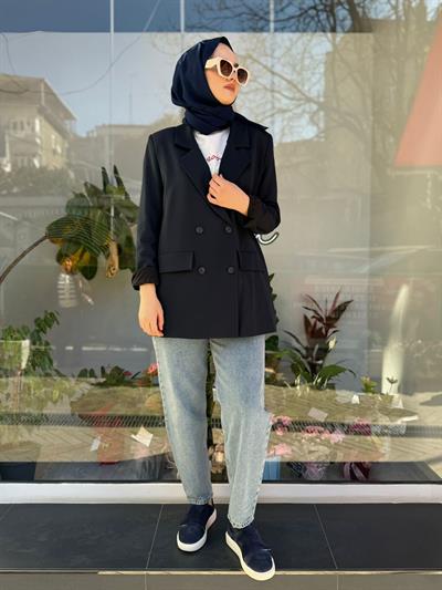 Düğme Detay Blazer Kadın Ceket Lacivert