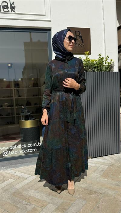 Düğme Detaylı Beli Kuşaklı Kadın Pardesü Elbise Saks Mavi