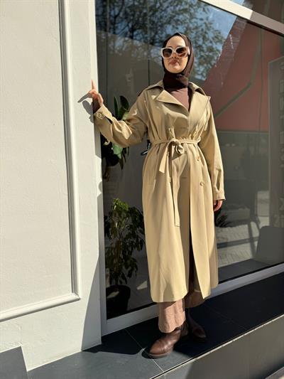 Düğme Detaylı Beli Kuşaklı Kadın Trench Krem