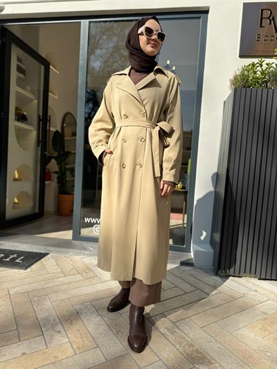 Düğme Detaylı Beli Kuşaklı Kadın Trench Krem