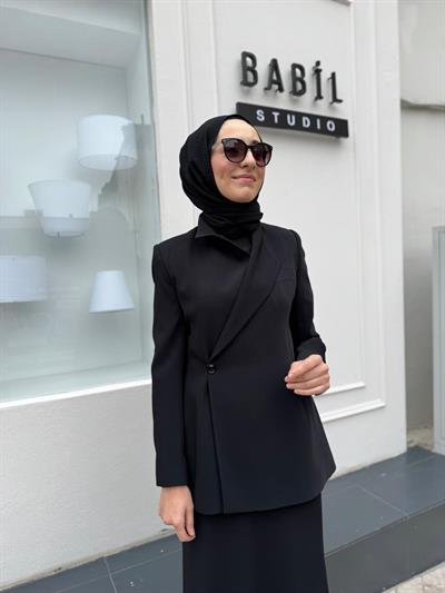 Düğme Detaylı Blazer Ceket Etek Kadın Takım Siyah