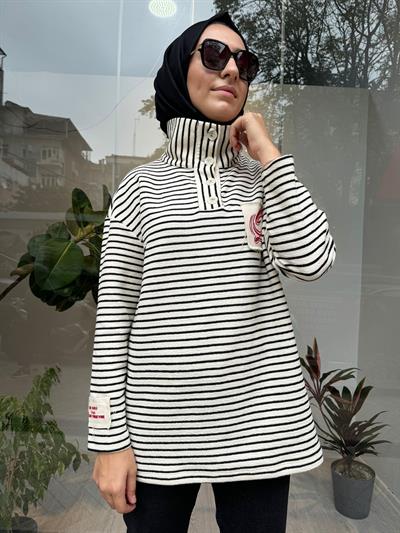 Düğme Detaylı Çizgili Lora Kadın Sweat Siyah-Beyaz