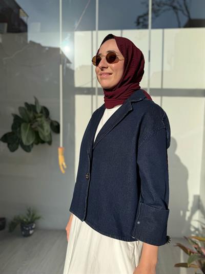 Düğme Detaylı Denim Kadın Ceket Lacivert