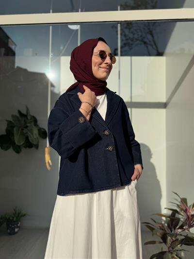 Düğme Detaylı Denim Kadın Ceket Lacivert