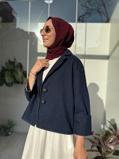 Düğme Detaylı Denim Kadın Ceket Lacivert