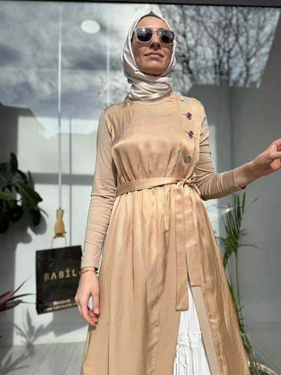 Düğme Detaylı İkili Kadın Keten İpek Elbise Camel