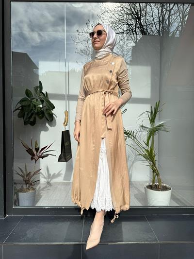 Düğme Detaylı İkili Kadın Keten İpek Elbise Camel