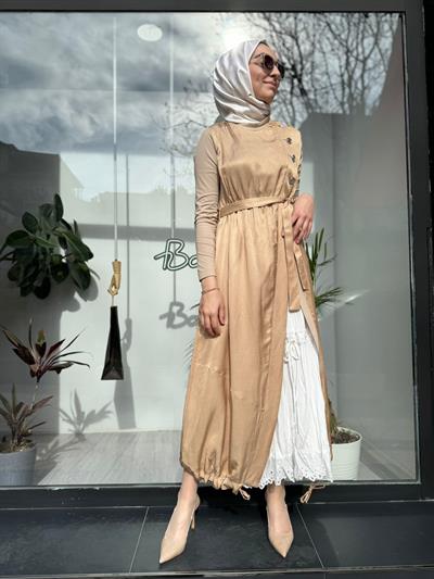 Düğme Detaylı İkili Kadın Keten İpek Elbise Camel