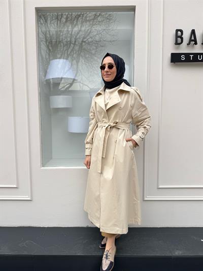 Düğme Detaylı Kadın Trench Bej