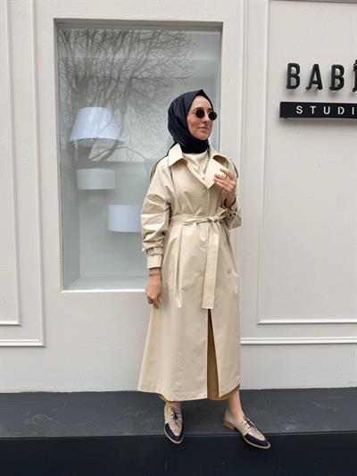 Düğme Detaylı Kadın Trench Bej