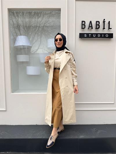 Düğme Detaylı Kadın Trench Bej