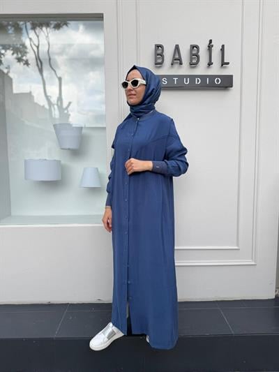 Düğmeli Basic Kadın Kap Indigo