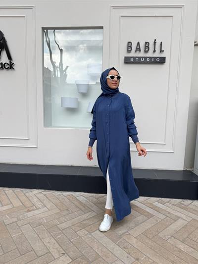 Düğmeli Basic Kadın Kap Indigo