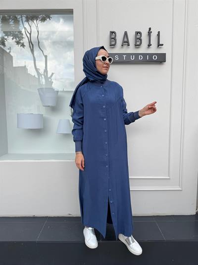 Düğmeli Basic Kadın Kap Indigo