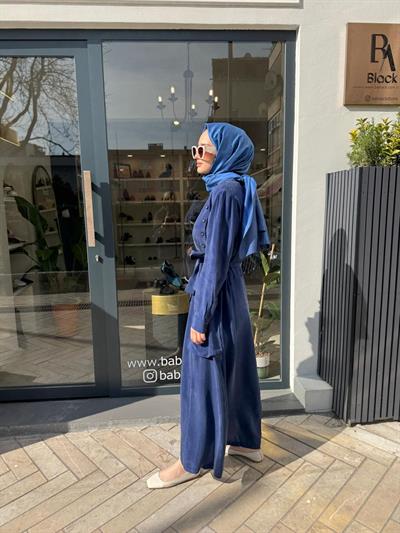 Düğmeli Cepli Kadın Cupro Elbise Indigo