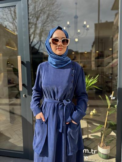 Düğmeli Cepli Kadın Cupro Elbise Indigo