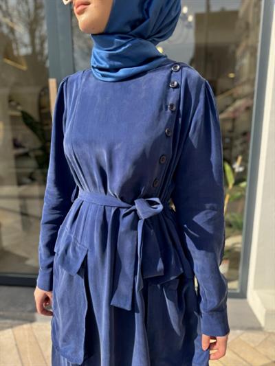 Düğmeli Cepli Kadın Cupro Elbise Indigo