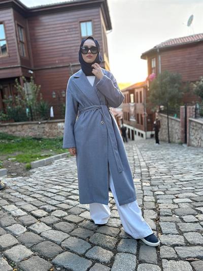 Düğmeli Desenli Kadın Kaban Mavi