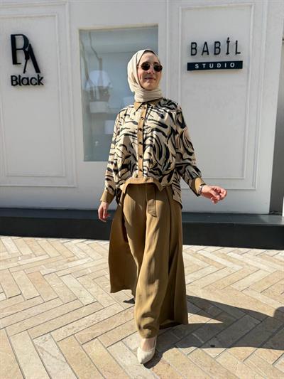 Düğmeli Desenli Kadın Tunik Taba