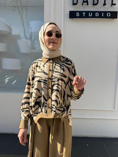Düğmeli Desenli Kadın Tunik Taba