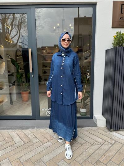 Düğmeli Püsküllü Kot Kadın Takım Lacivert