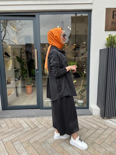 Düğmeli Püsküllü Kot Kadın Takım Siyah