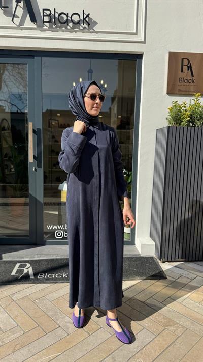 Düğmeli Taşlanmış Kadın Gömlek Elbise Lacivert