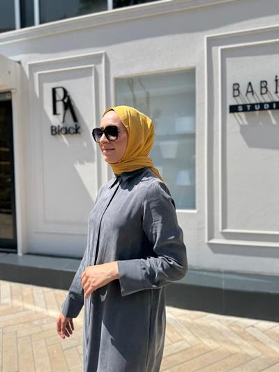 Düğmeli Taşlanmış Kadın Gömlek Elbise Antrasit