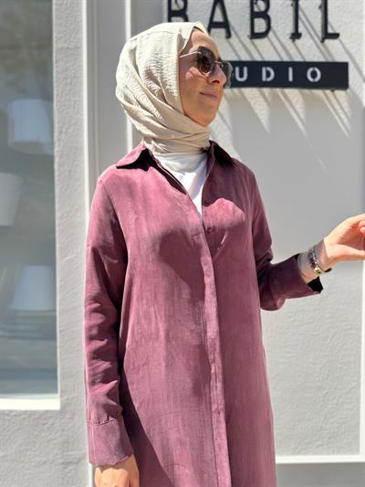 Düğmeli Taşlanmış Kadın Gömlek Elbise Bordo
