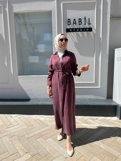 Düğmeli Taşlanmış Kadın Gömlek Elbise Bordo