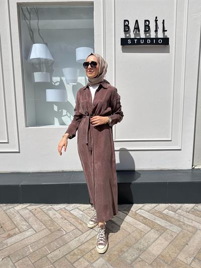 Düğmeli Taşlanmış Kadın Gömlek Elbise Kahve