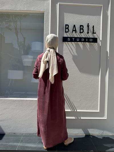 Düğmeli Taşlanmış Kadın Gömlek Elbise Bordo