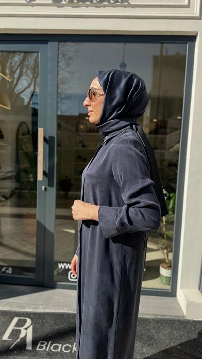 Düğmeli Taşlanmış Kadın Gömlek Elbise Lacivert