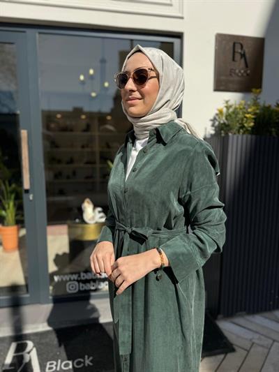 Düğmeli Taşlanmış Kadın Gömlek Elbise Haki Yeşil