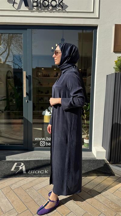 Düğmeli Taşlanmış Kadın Gömlek Elbise Lacivert