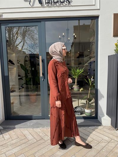 Düğmeli Ters Dikişli Kadın Etek Takım Turuncu