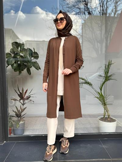 Düğmeli Uzun Kadın Hırka Browni