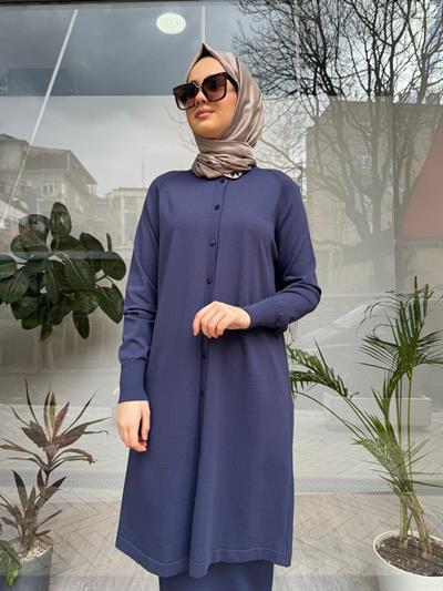 Düğmeli Uzun Kadın Hırka Indigo