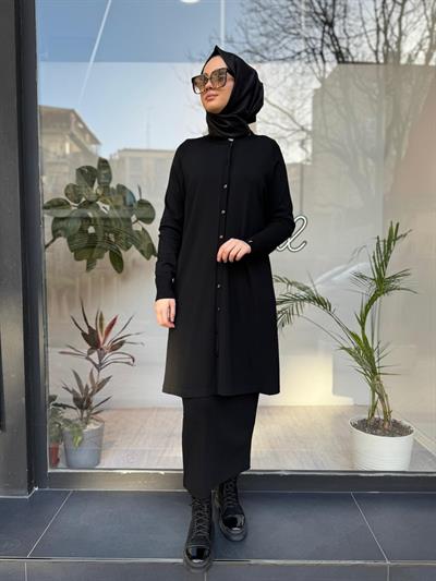 Düğmeli Uzun Kadın Hırka Siyah