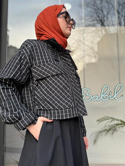 Ekose Desen Crop Yağmurluk Siyah