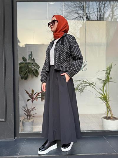 Ekose Desen Crop Yağmurluk Siyah
