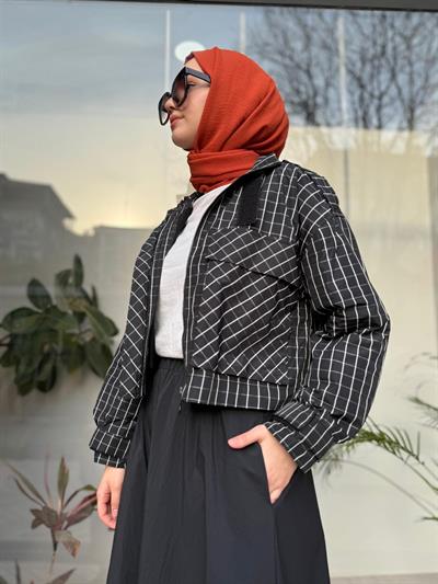 Ekose Desen Crop Yağmurluk Siyah